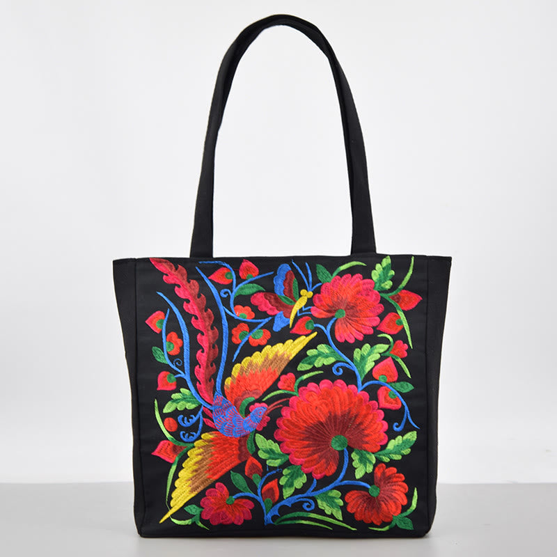 Mythstone Galsang Magpie Peony Camellia Chrysanthemum Embroidery Canvas Shopping Purse Handbag Shoulder Bag