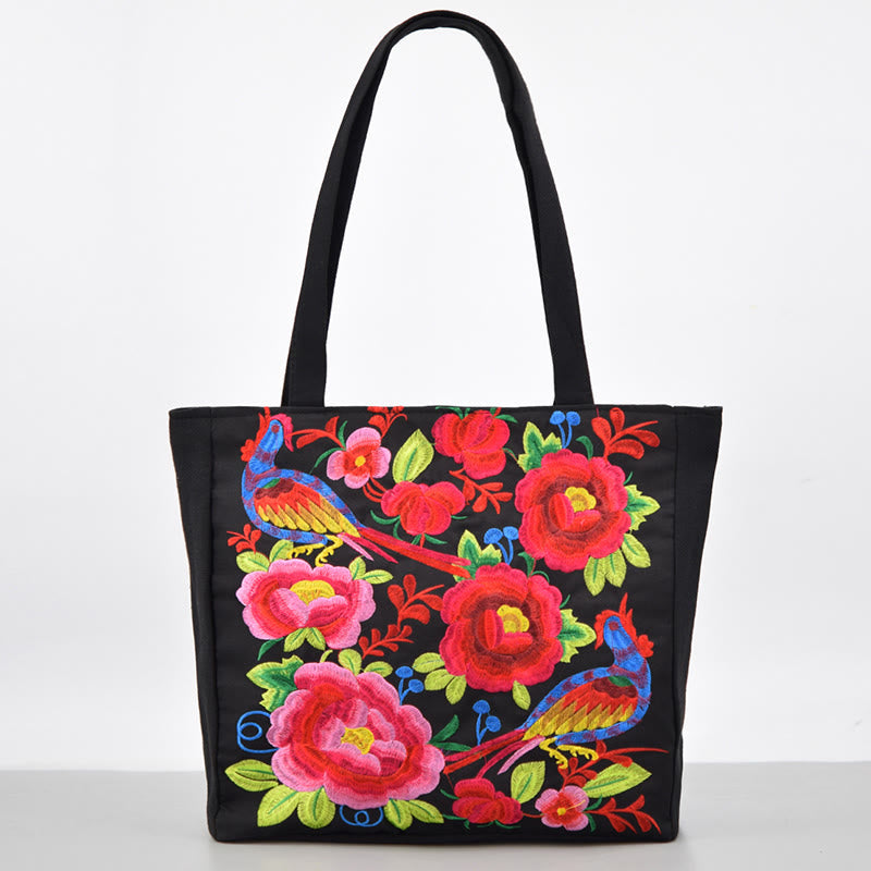 Mythstone Galsang Magpie Peony Camellia Chrysanthemum Embroidery Canvas Shopping Purse Handbag Shoulder Bag