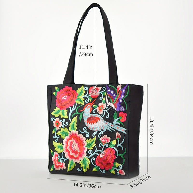 Mythstone Galsang Magpie Peony Camellia Chrysanthemum Embroidery Canvas Shopping Purse Handbag Shoulder Bag