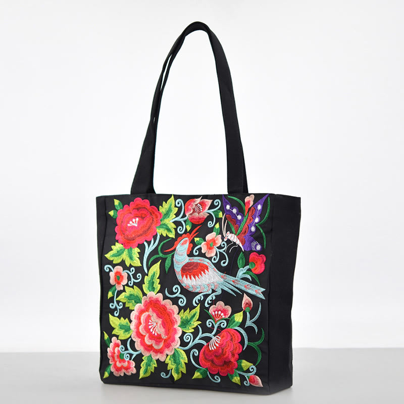 Mythstone Galsang Magpie Peony Camellia Chrysanthemum Embroidery Canvas Shopping Purse Handbag Shoulder Bag