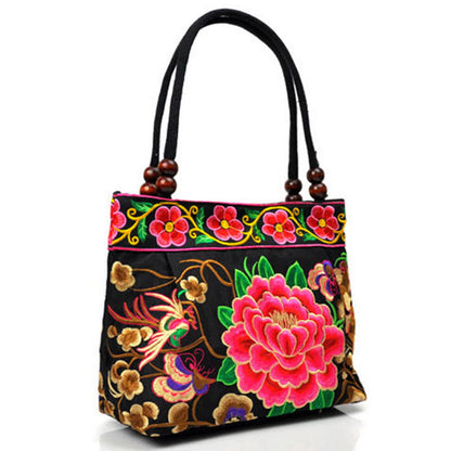 Mythstone Money Tree Peony Phoenix Apple Blossom Double-Sided Embroidery Cotton Canvas Shopping Purse Handbag