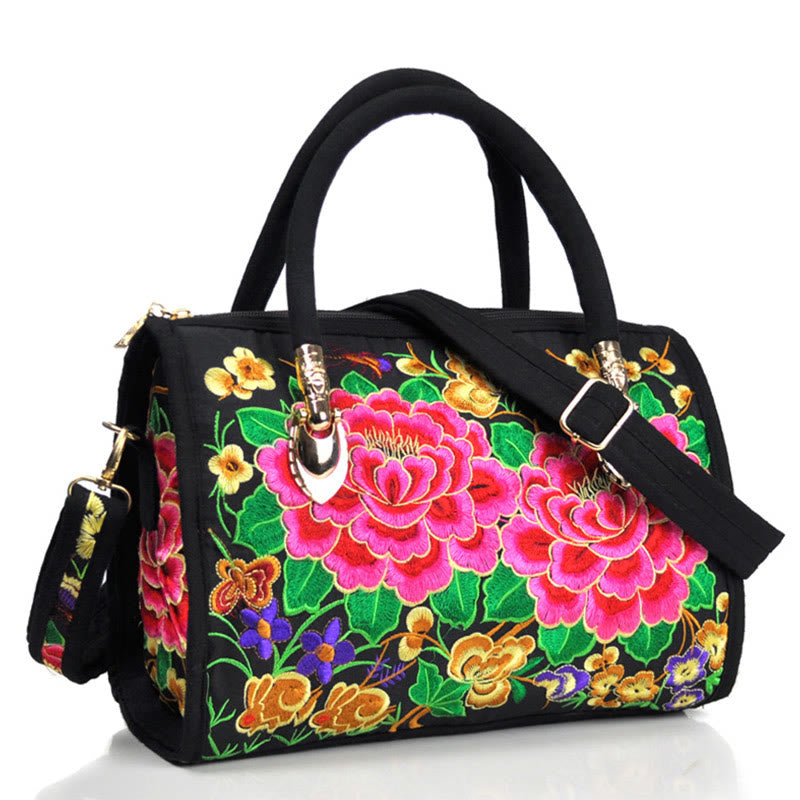 Mythstone Money Tree Peony Camellia Double-Sided Embroidery Canvas Shopping Purse Handbag Crossbody Bag