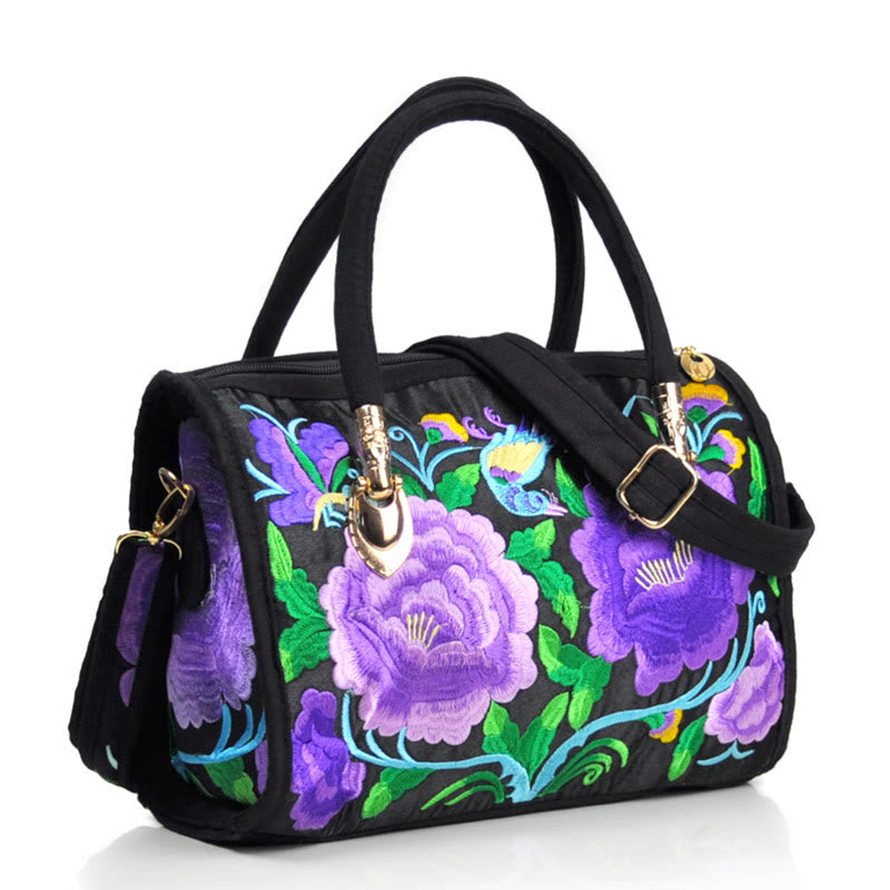 Mythstone Money Tree Peony Camellia Double-Sided Embroidery Canvas Shopping Purse Handbag Crossbody Bag