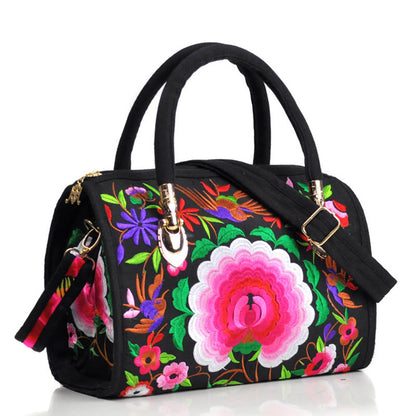 Mythstone Money Tree Peony Camellia Double-Sided Embroidery Canvas Shopping Purse Handbag Crossbody Bag