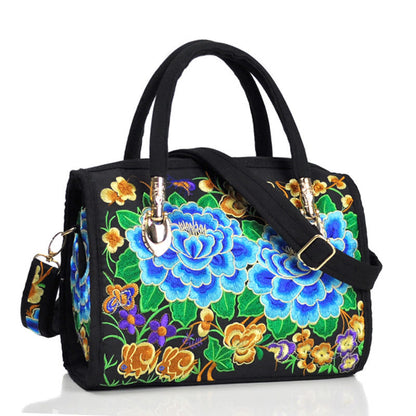 Mythstone Money Tree Peony Camellia Double-Sided Embroidery Canvas Shopping Purse Handbag Crossbody Bag