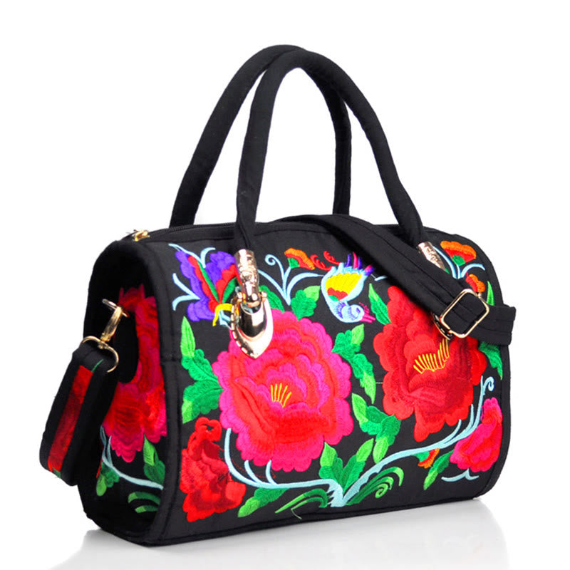 Mythstone Money Tree Peony Camellia Double-Sided Embroidery Canvas Shopping Purse Handbag Crossbody Bag