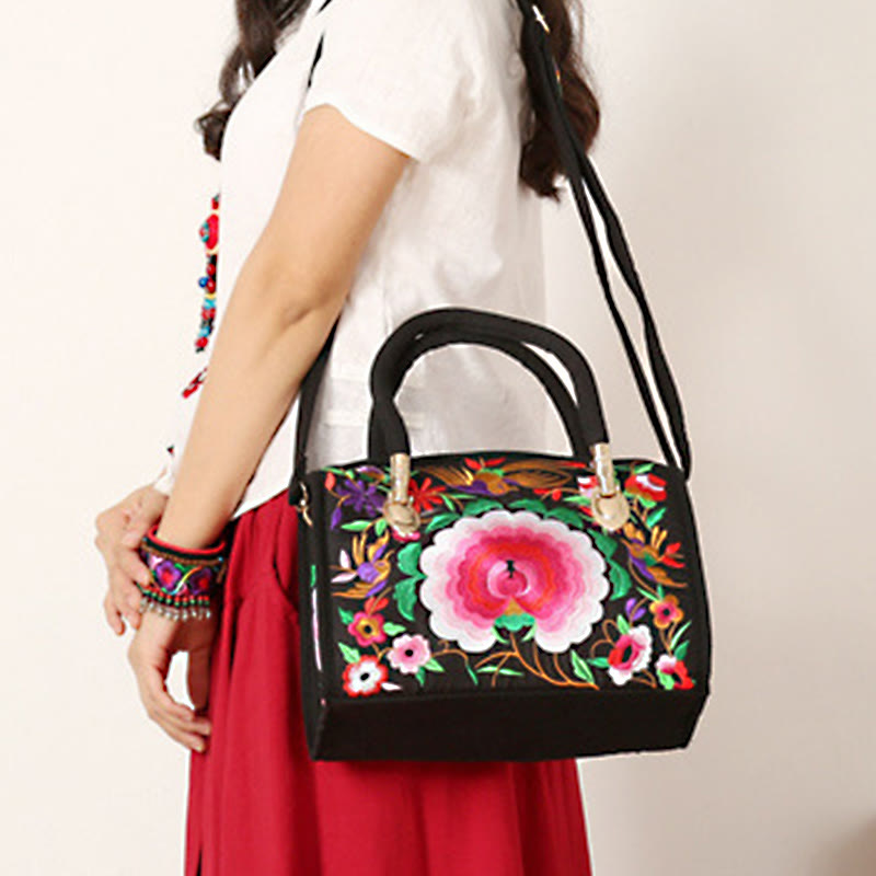 Mythstone Money Tree Peony Camellia Double-Sided Embroidery Canvas Shopping Purse Handbag Crossbody Bag