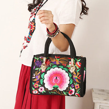 Mythstone Money Tree Peony Camellia Double-Sided Embroidery Canvas Shopping Purse Handbag Crossbody Bag