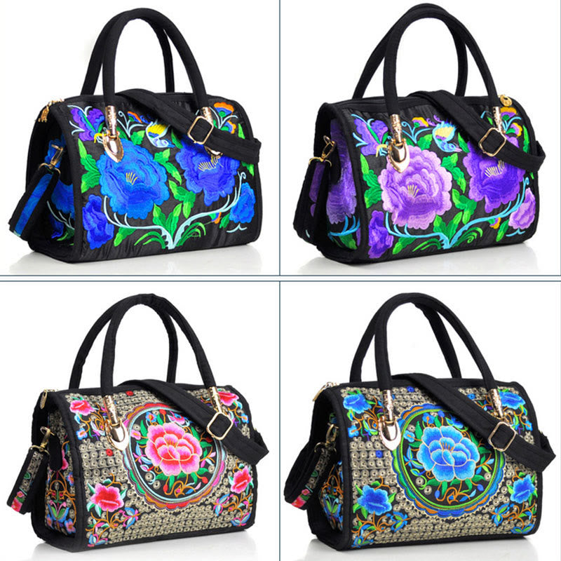 Mythstone Money Tree Peony Camellia Double-Sided Embroidery Canvas Shopping Purse Handbag Crossbody Bag