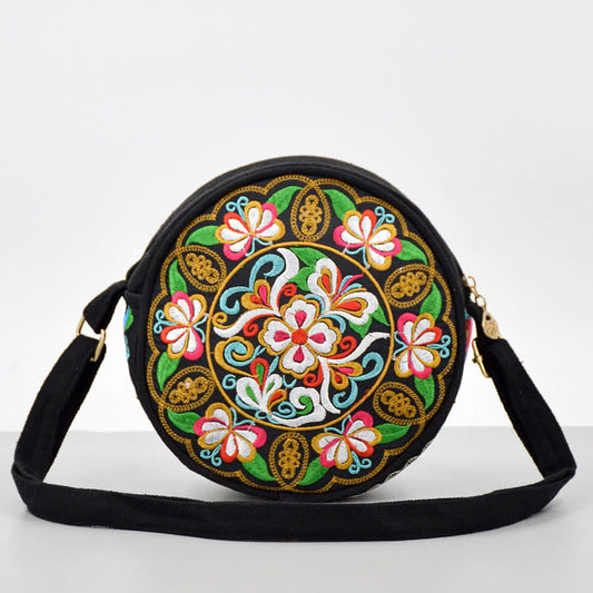 Mythstone Money Tree Galsang Inula Flower Peony Rose Peacock Double-Sided Embroidery Canvas Shopping Purse Handbag Crossbody Bag