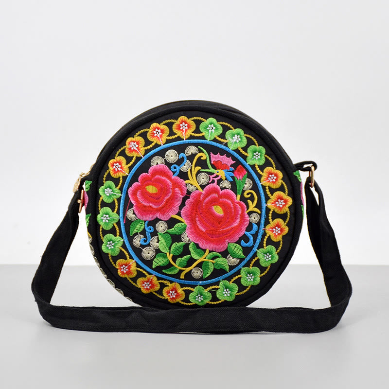 Mythstone Money Tree Galsang Inula Flower Peony Rose Peacock Double-Sided Embroidery Canvas Shopping Purse Handbag Crossbody Bag