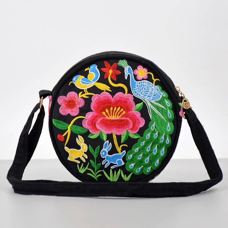 Mythstone Money Tree Galsang Inula Flower Peony Rose Peacock Double-Sided Embroidery Canvas Shopping Purse Handbag Crossbody Bag