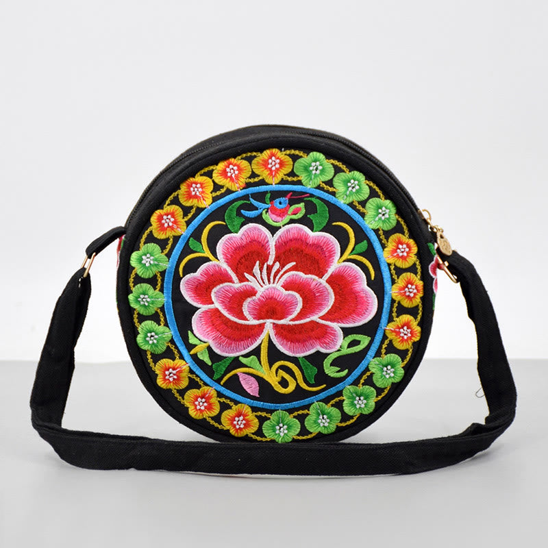 Mythstone Money Tree Galsang Inula Flower Peony Rose Peacock Double-Sided Embroidery Canvas Shopping Purse Handbag Crossbody Bag