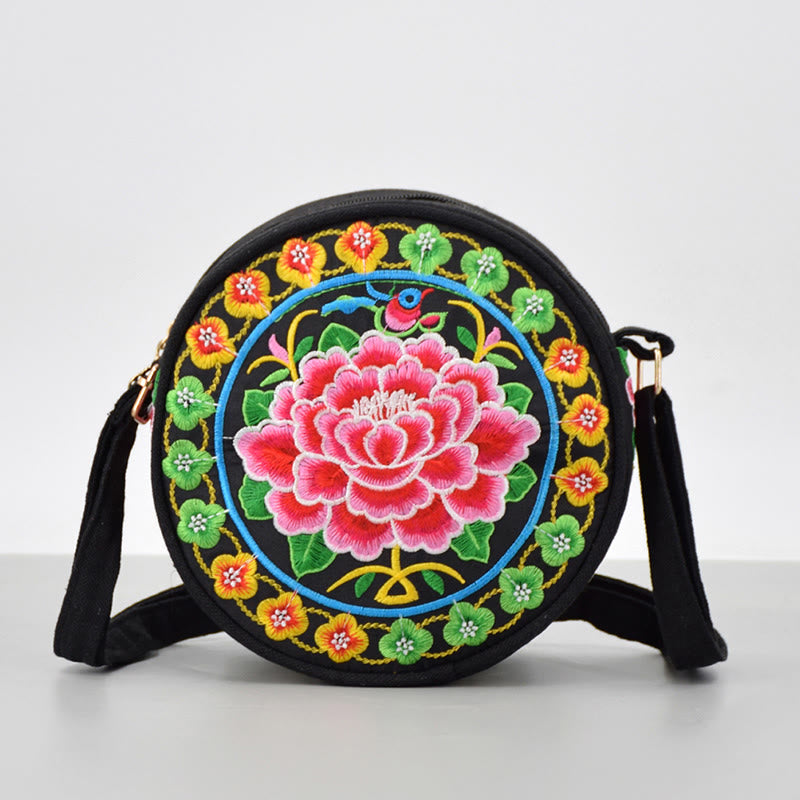 Mythstone Money Tree Galsang Inula Flower Peony Rose Peacock Double-Sided Embroidery Canvas Shopping Purse Handbag Crossbody Bag