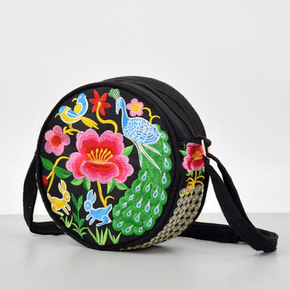 Mythstone Money Tree Galsang Inula Flower Peony Rose Peacock Double-Sided Embroidery Canvas Shopping Purse Handbag Crossbody Bag