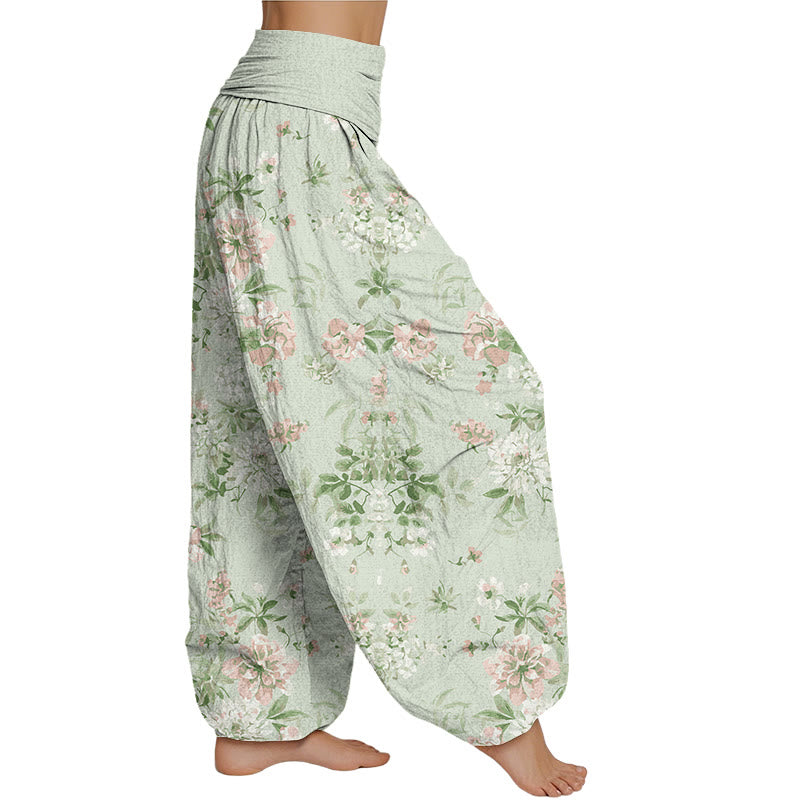 Pantalones harén con cintura elástica para mujer con diseño retro de flores de Mythstone