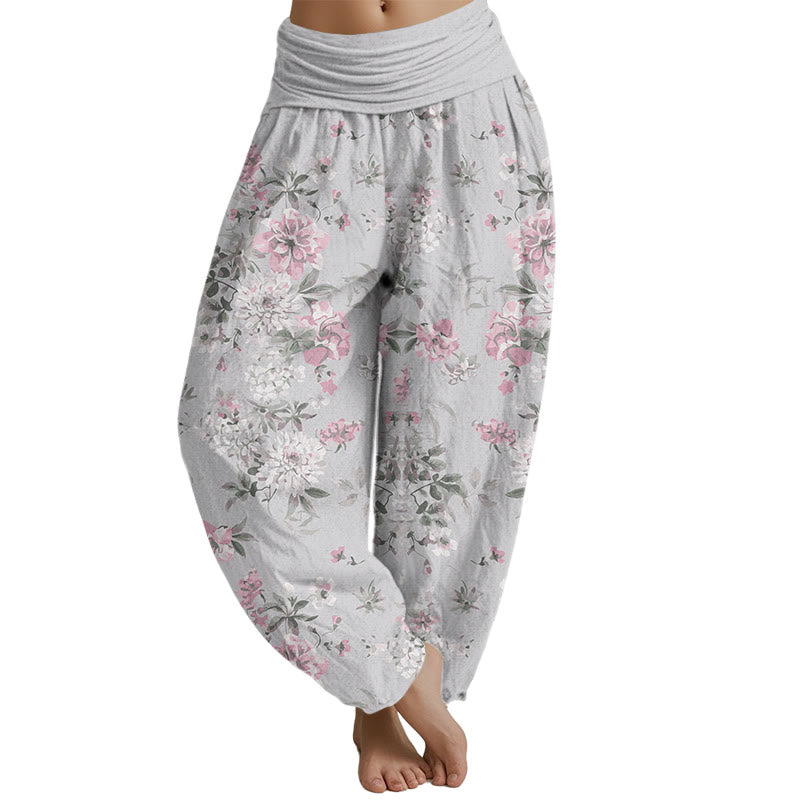 Pantalones harén con cintura elástica para mujer con diseño retro de flores de Mythstone