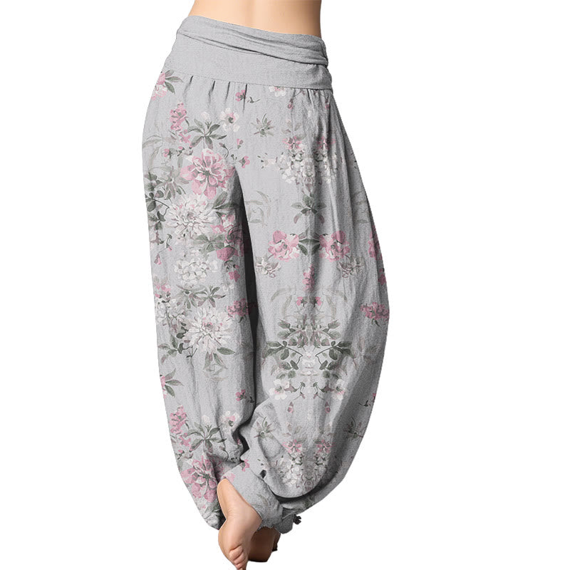 Pantalones harén con cintura elástica para mujer con diseño retro de flores de Mythstone