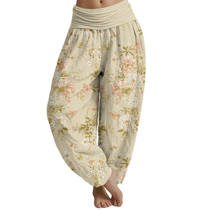 Pantalones harén con cintura elástica para mujer con diseño retro de flores de Mythstone