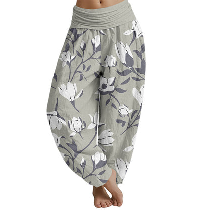 Pantalones harén con cintura elástica para mujer con estampado retro de magnolia de Mythstone 