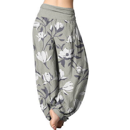 Pantalones harén con cintura elástica para mujer con estampado retro de magnolia de Mythstone 