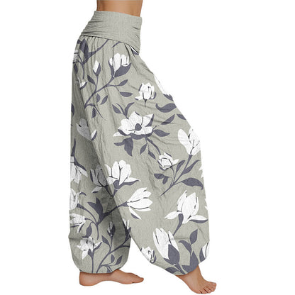 Pantalones harén con cintura elástica para mujer con estampado retro de magnolia de Mythstone 