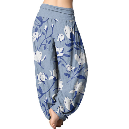 Pantalones harén con cintura elástica para mujer con estampado retro de magnolia de Mythstone 