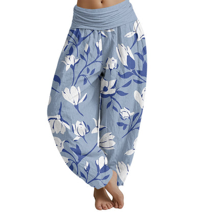 Pantalones harén con cintura elástica para mujer con estampado retro de magnolia de Mythstone 