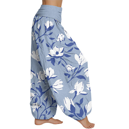 Pantalones harén con cintura elástica para mujer con estampado retro de magnolia de Mythstone 