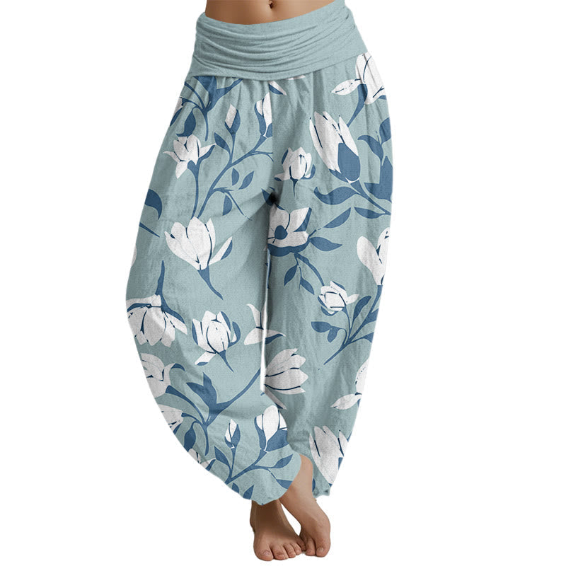 Pantalones harén con cintura elástica para mujer con estampado retro de magnolia de Mythstone 