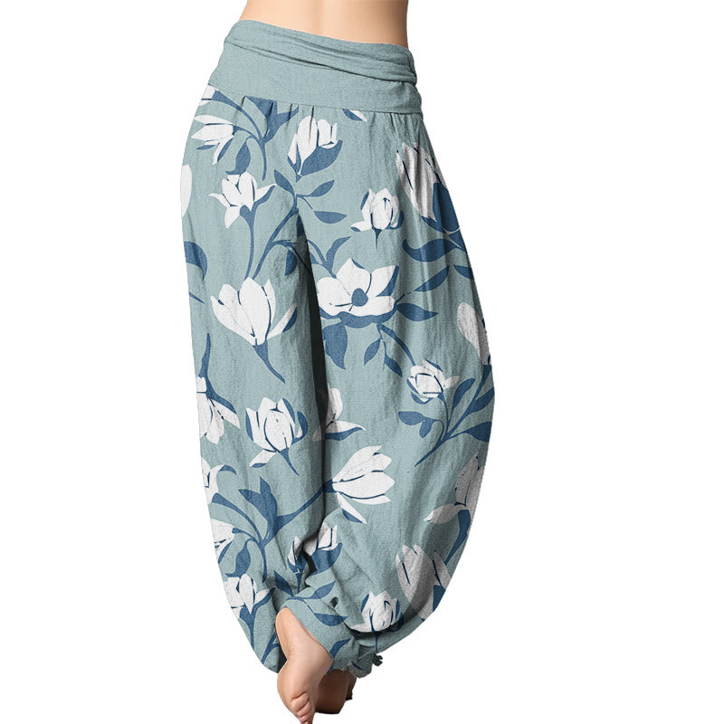 Pantalones harén con cintura elástica para mujer con estampado retro de magnolia de Mythstone 