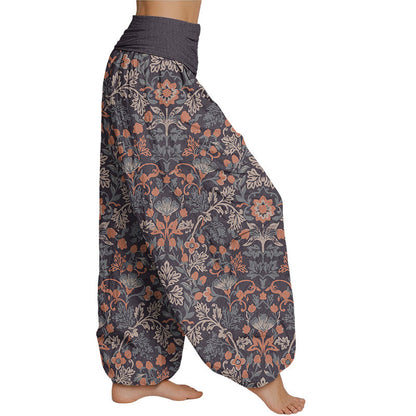 Mythstone Casual Flower Vine Leaves Pattern Women's Elastic Waist Harem Pants