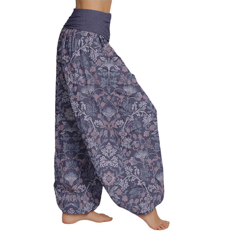 Mythstone Casual Flower Vine Leaves Pattern Women's Elastic Waist Harem Pants