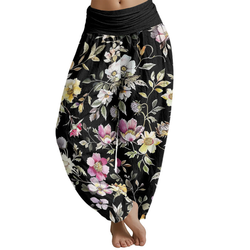 Mythstone Elegant Flower Design Women's Elastic Waist Harem Pants