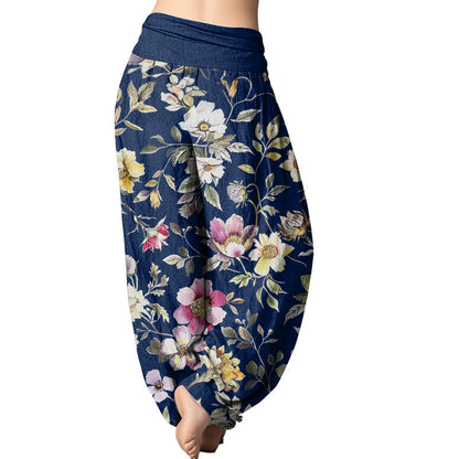 Mythstone Elegant Flower Design Women's Elastic Waist Harem Pants