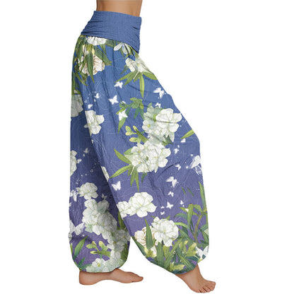 Mythstone Casual White Flowers Women's Elastic Waist Harem Pants