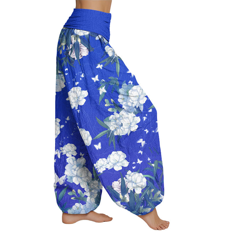 Mythstone Casual White Flowers Women's Elastic Waist Harem Pants