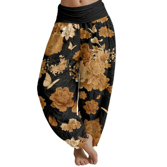 Mythstone Peony Flowers Pattern Women's Elastic Waist Harem Pants