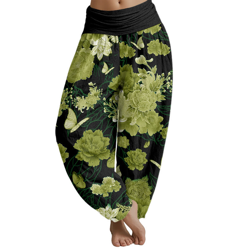 Mythstone Peony Flowers Pattern Women's Elastic Waist Harem Pants