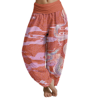 Mythstone Casual Dragon Auspicious Clouds Pattern Women's Elastic Waist Harem Pants