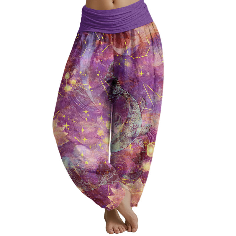 Mythstone Koi Fish Lotus Moon Stars Pattern Women's Elastic Waist Harem Pants