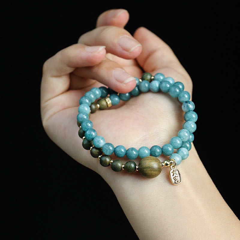 Mythstone Blue Chalcedony Green Sandalwood Small Leaf Red Sandalwood Double Wrap Emotional Balance Bracelet