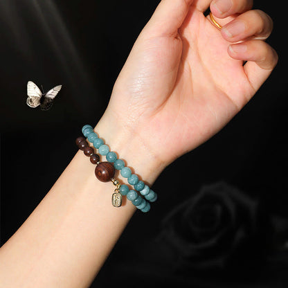 Mythstone Blue Chalcedony Green Sandalwood Small Leaf Red Sandalwood Double Wrap Emotional Balance Bracelet