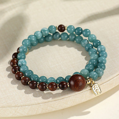 Mythstone Blue Chalcedony Green Sandalwood Small Leaf Red Sandalwood Double Wrap Emotional Balance Bracelet