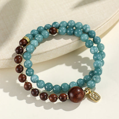 Mythstone Blue Chalcedony Green Sandalwood Small Leaf Red Sandalwood Double Wrap Emotional Balance Bracelet