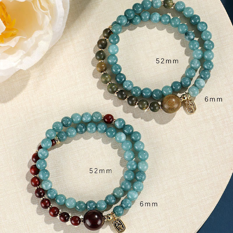 Mythstone Blue Chalcedony Green Sandalwood Small Leaf Red Sandalwood Double Wrap Emotional Balance Bracelet