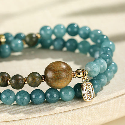 Mythstone Blue Chalcedony Green Sandalwood Small Leaf Red Sandalwood Double Wrap Emotional Balance Bracelet