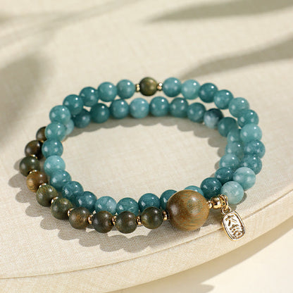 Mythstone Blue Chalcedony Green Sandalwood Small Leaf Red Sandalwood Double Wrap Emotional Balance Bracelet