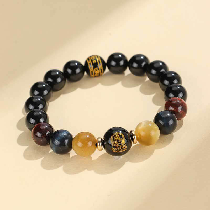 Mythstone Black Onyx Tiger Eye Om Mani Padme Hum Chinese Zodiac Natal Buddha Support Bracelet