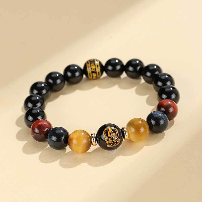 Mythstone Black Onyx Tiger Eye Om Mani Padme Hum Chinese Zodiac Natal Buddha Support Bracelet